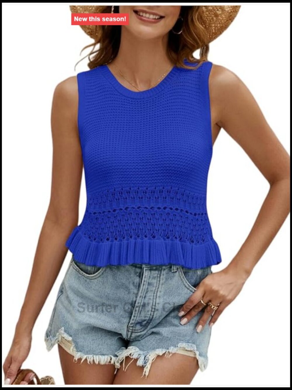 Womens Crochet Crop Tank Top Sleeveless Knit Sweater Vest Ruffle Hem Summer